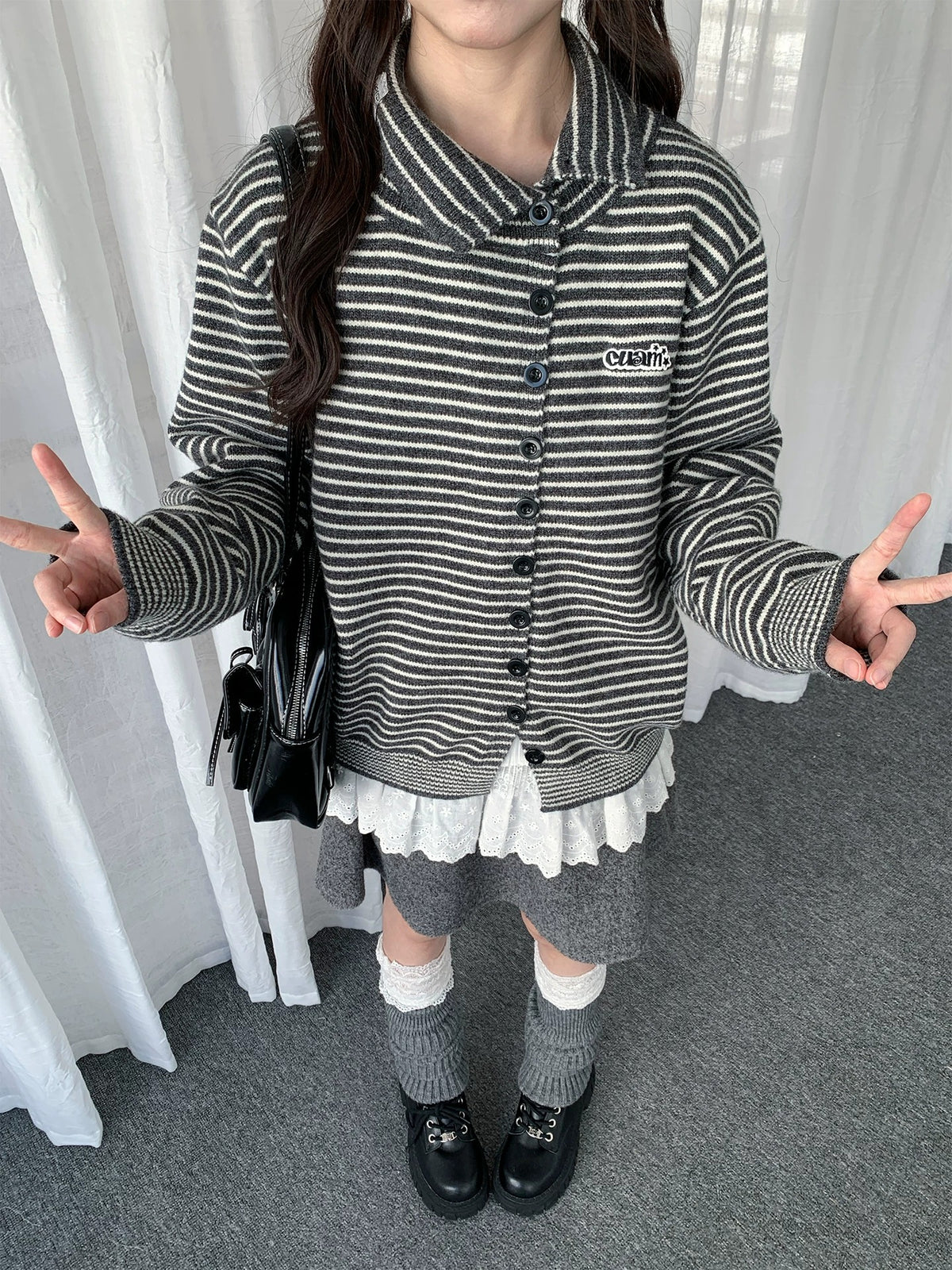 Striped Polo-Collar Knit Cardigan