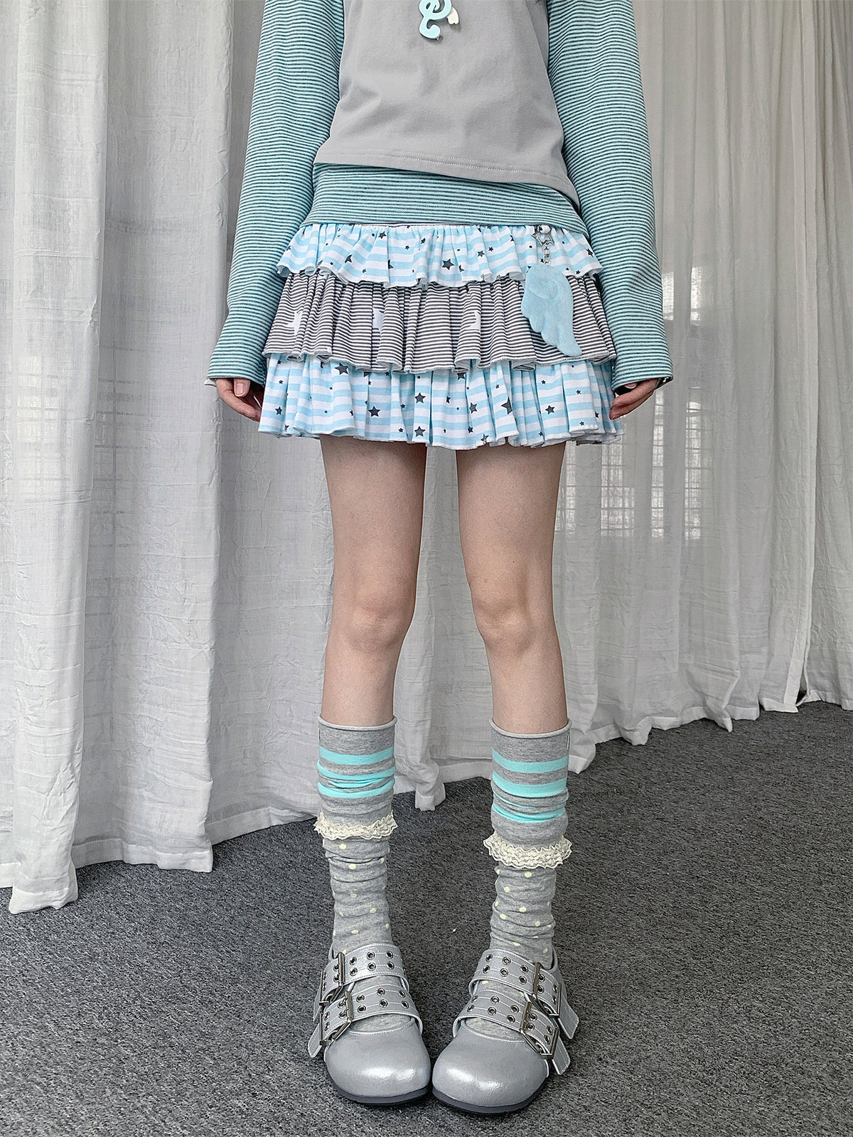 Soft Blue Star Stripe Tiered Ruffle Mini Skirt