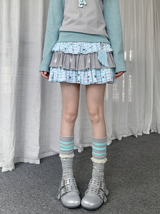 Soft Blue Star Stripe Tiered Ruffle Mini Skirt