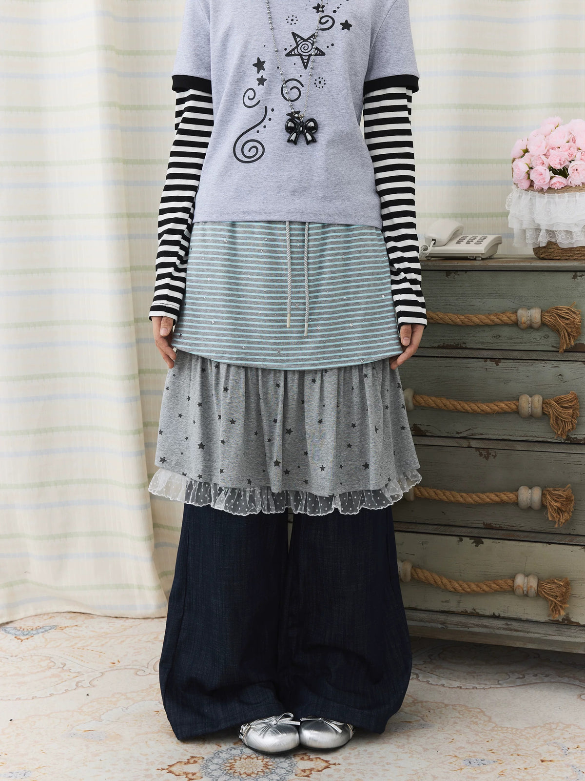 Star Stripe Layered Skirt Wide-Leg Pants
