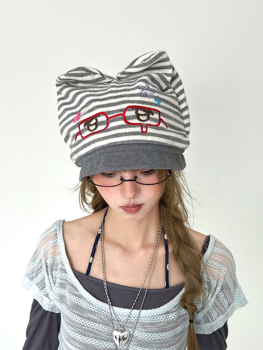 Gray Striped Bunny Ear Embroidered Knit Hat
