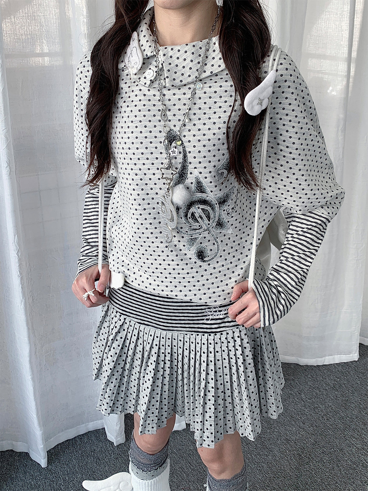 Polka Dot Collar Striped Layered Long Sleeve Top