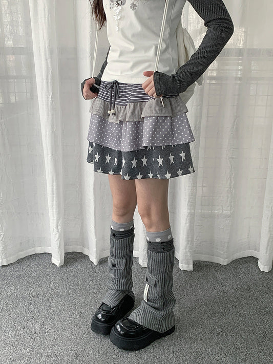 Star Polka Dot Stripe Tiered Mini Skirt