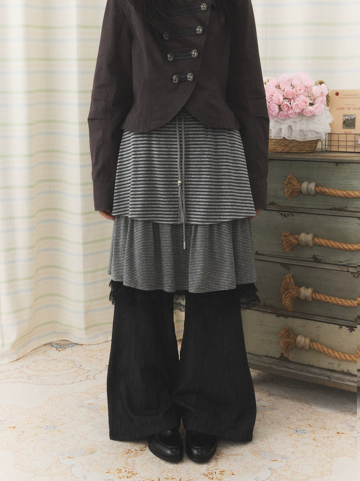 Striped Layered Skirt Wide-Leg Pants