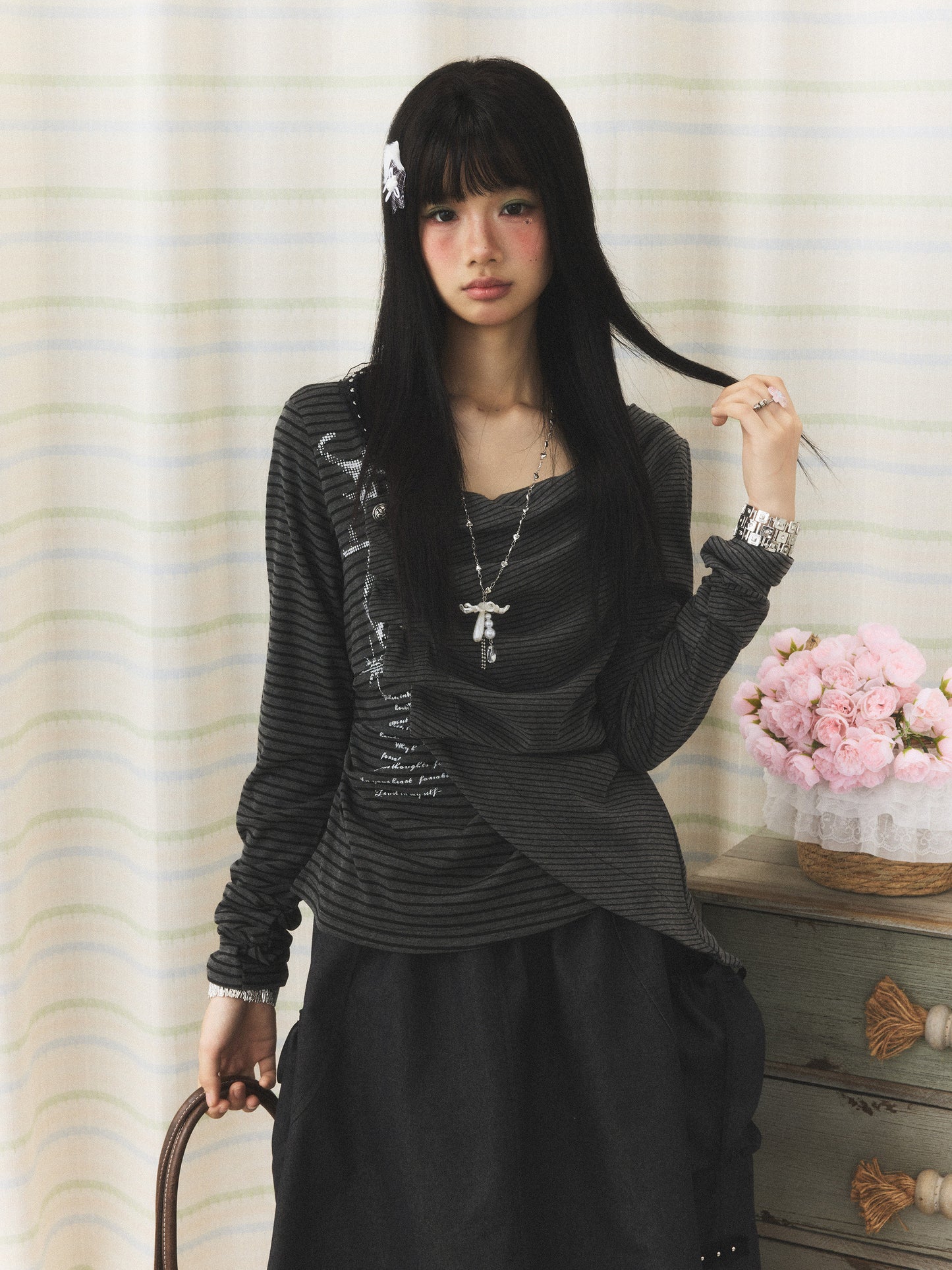 Charcoal Stripe Studded Draped-Neck Long-Sleeve Top