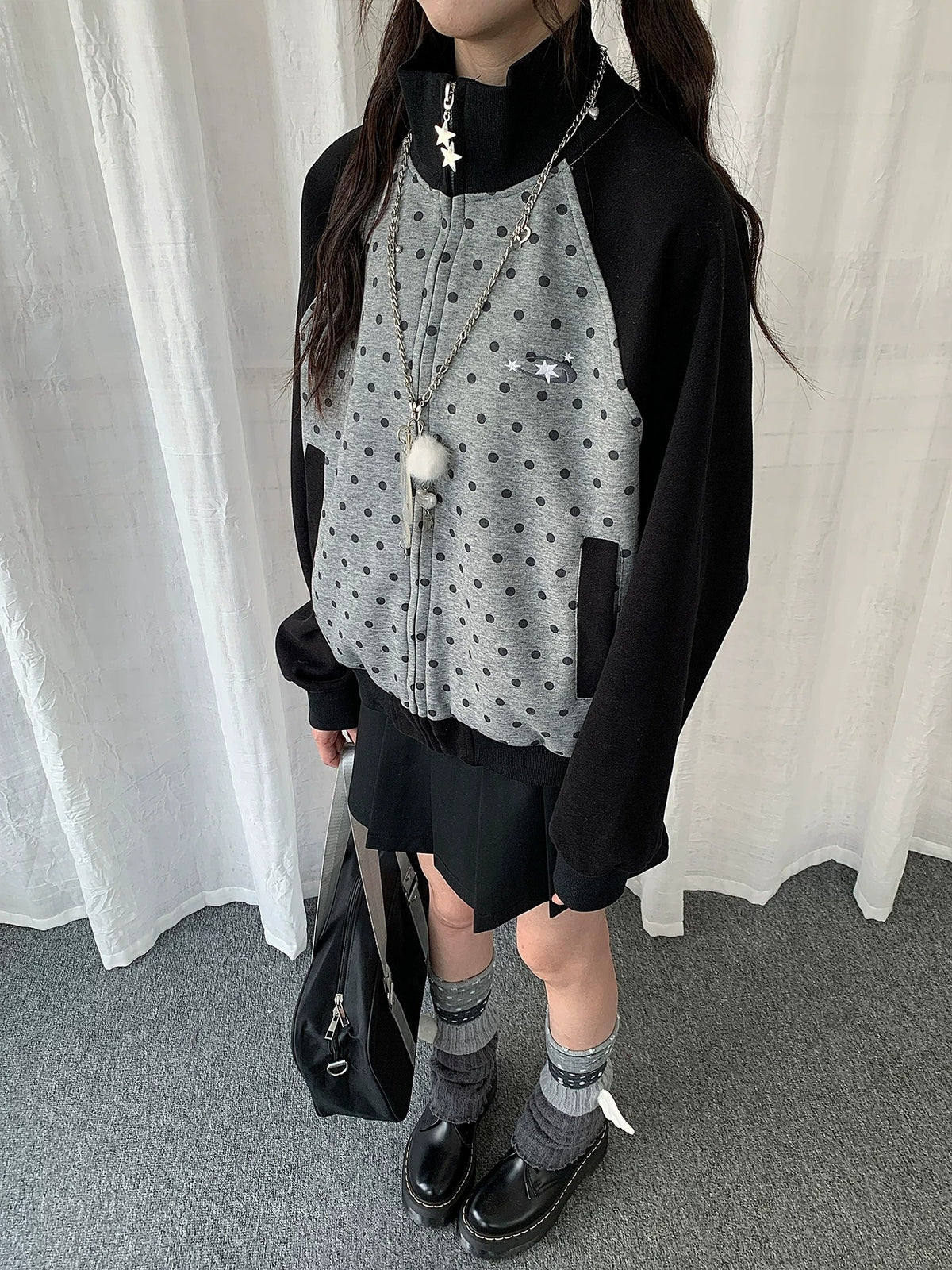 Contrast Polka Dot Zip-Up Jacket