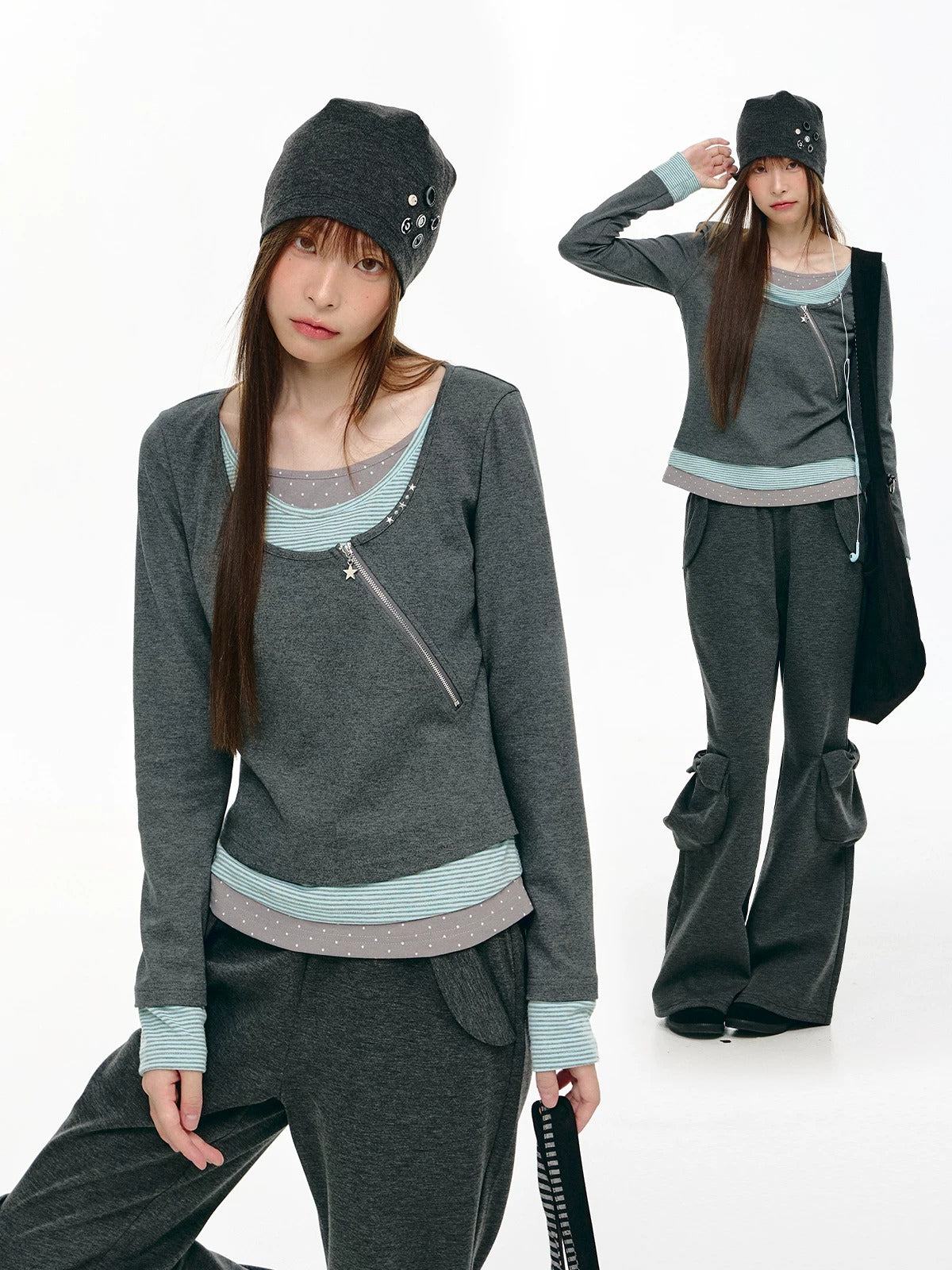 Diagonal Zip Faux-Layer Long Sleeve Top
