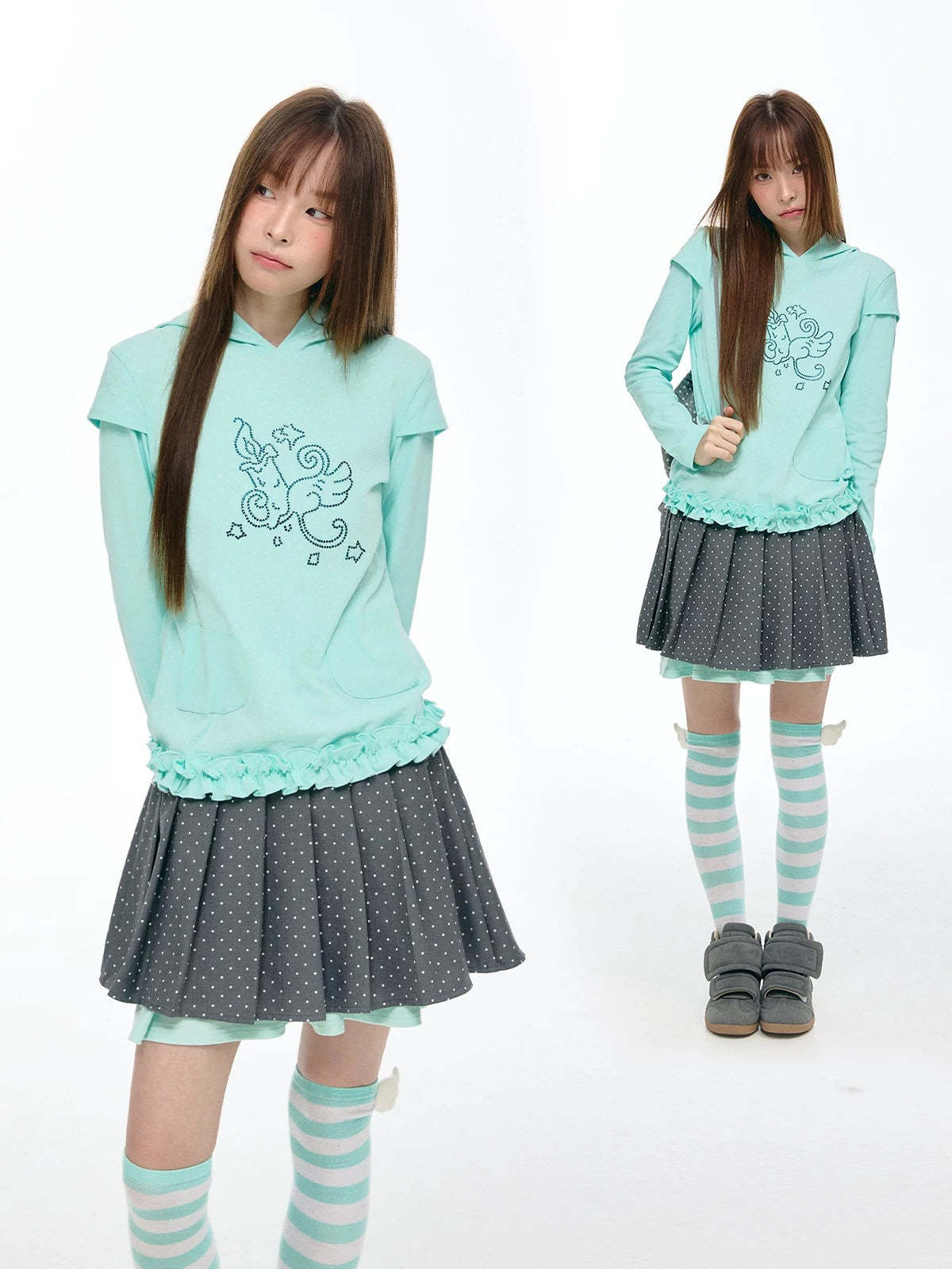 Rhinestone Graphic Faux-Layer Ruffle-Hem Hoodie