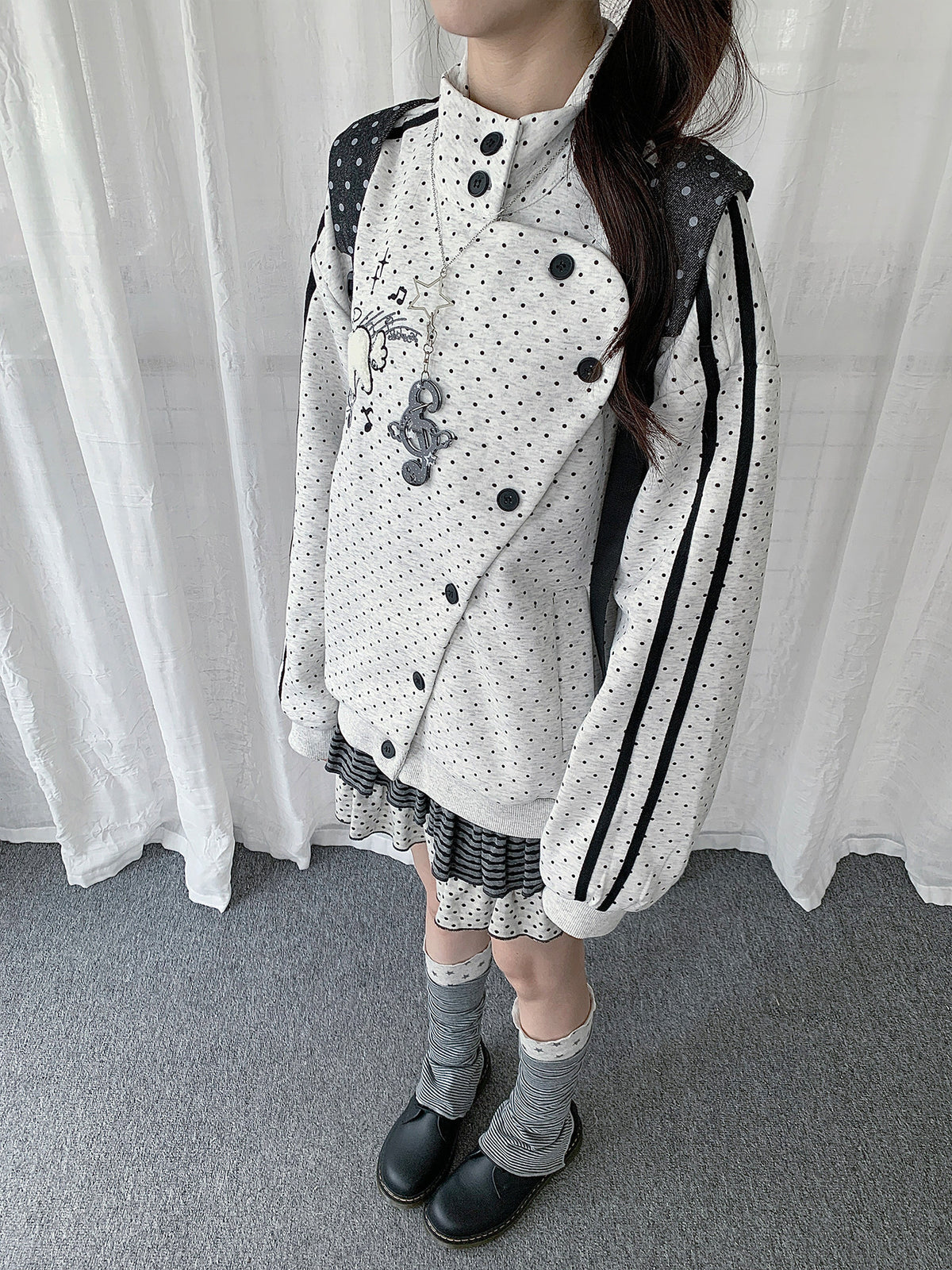 Polka Dot Asymmetric Button Track Jacket