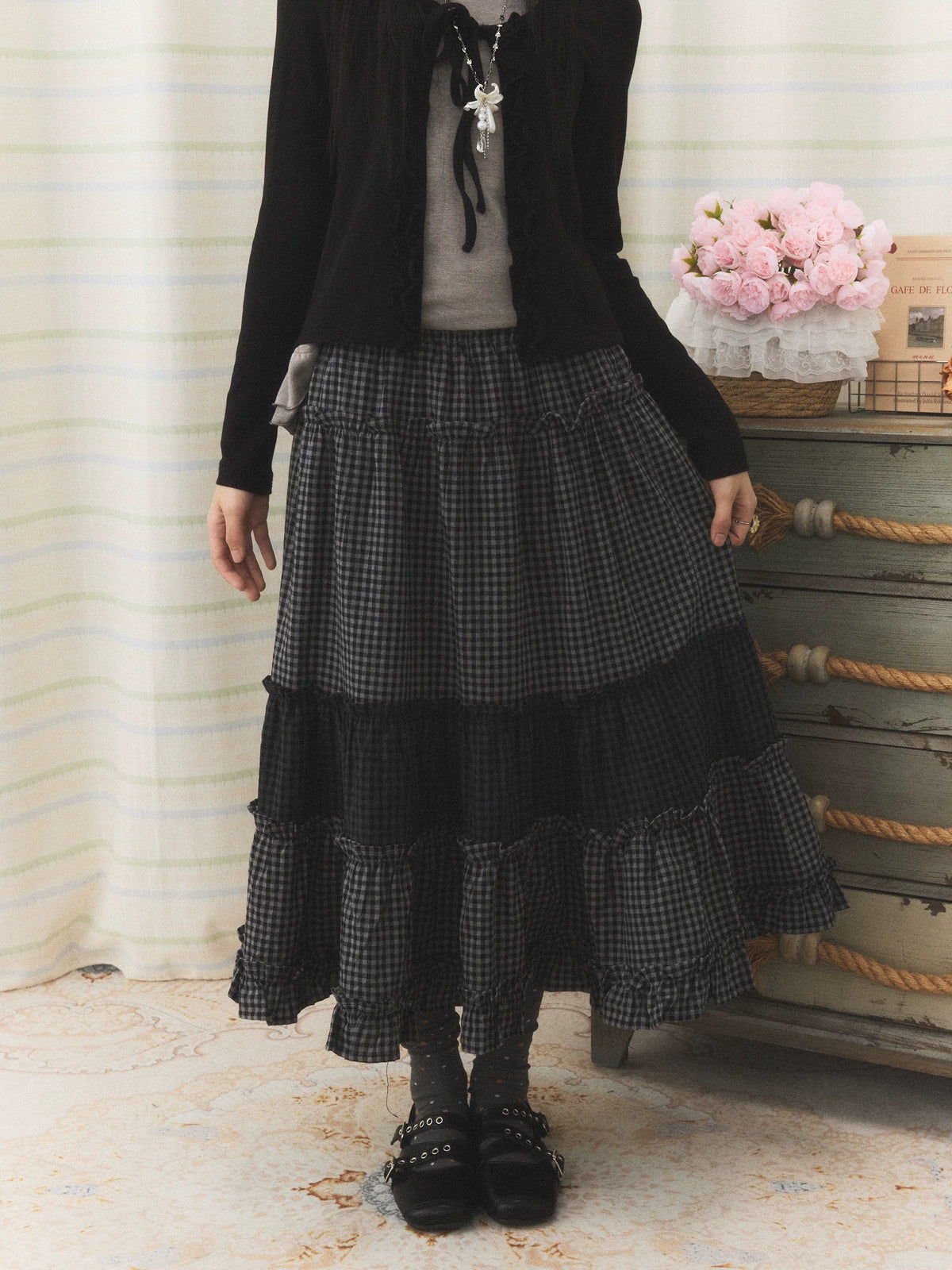 Mixed Plaid Tiered Ruffle Midi Skirt