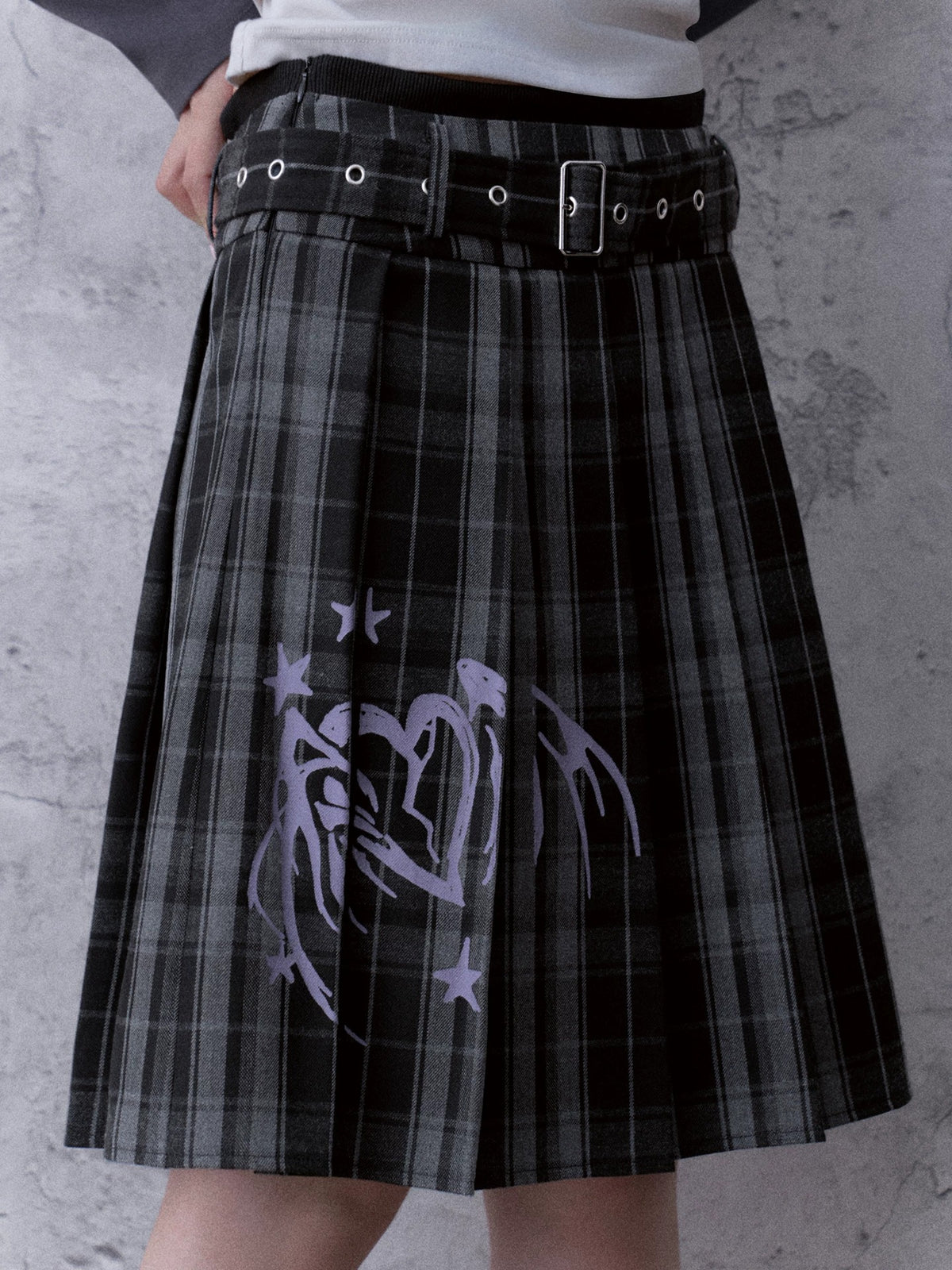 Double-Waist Graphic Plaid Pleated Midi Skirt