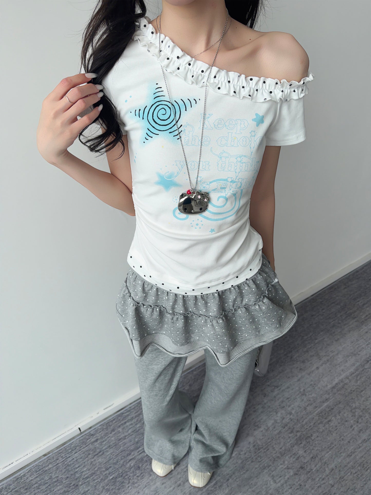 Blue Star Polka Dot Ruffle One-Shoulder Tee