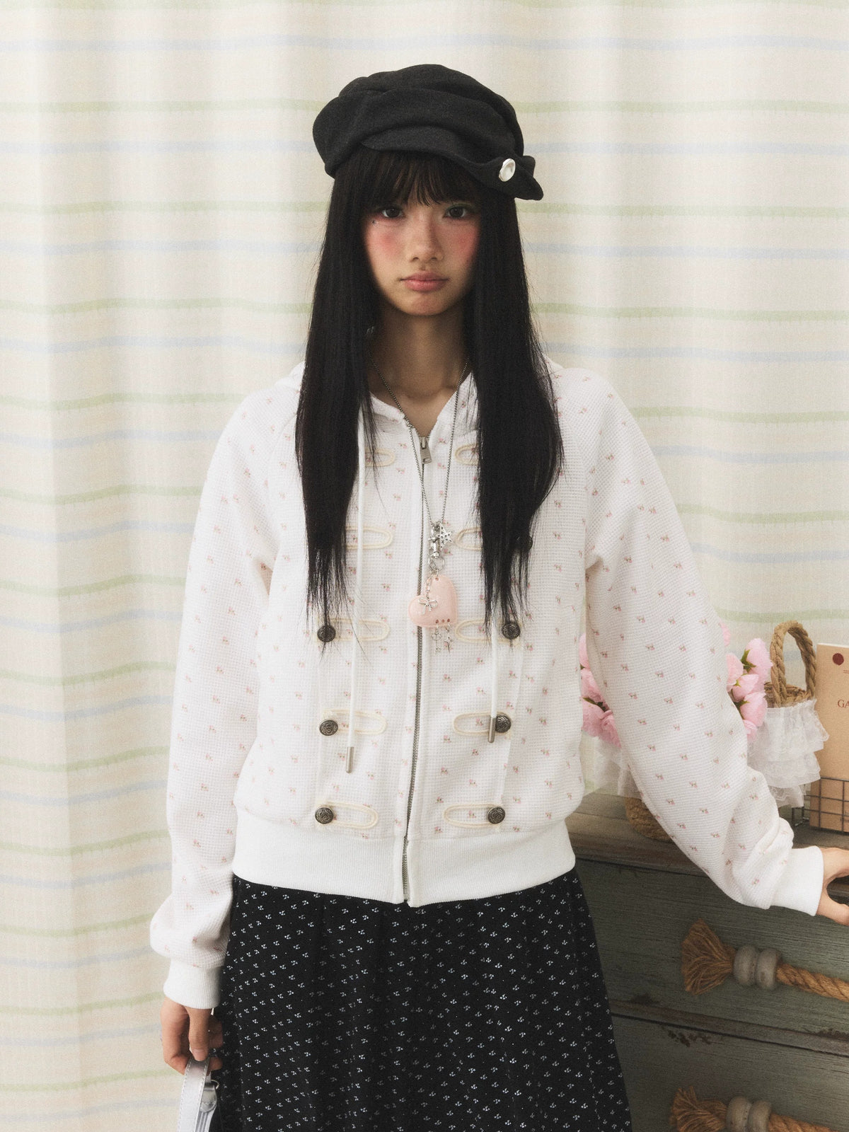 Floral Waffle Toggle Zip-Up Hoodie