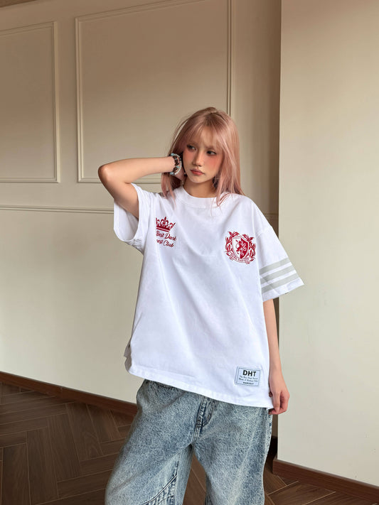 College Snap Button Tee — Stripe Sleeve Loose Fit