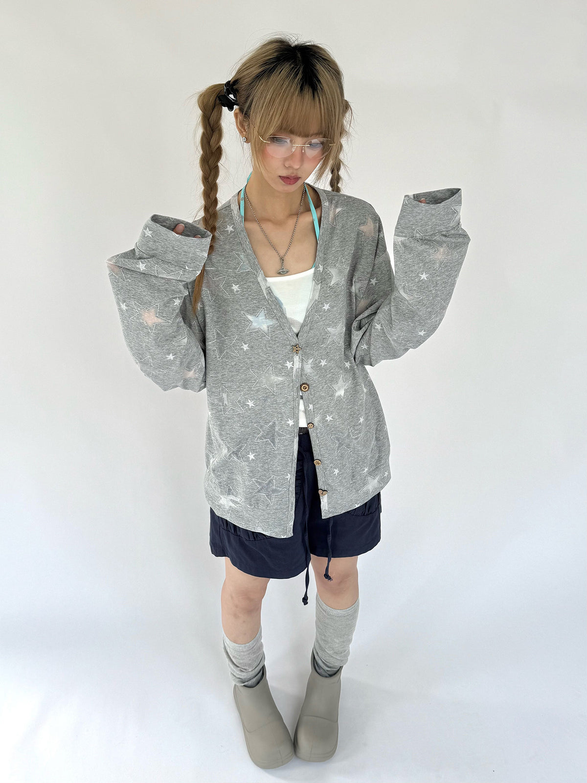 Star Print Lightweight V-Neck Cardigan