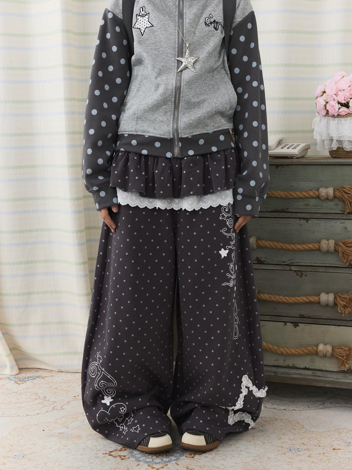 Polka Dot Lace Ruffle-Layer Wide-Leg Pants