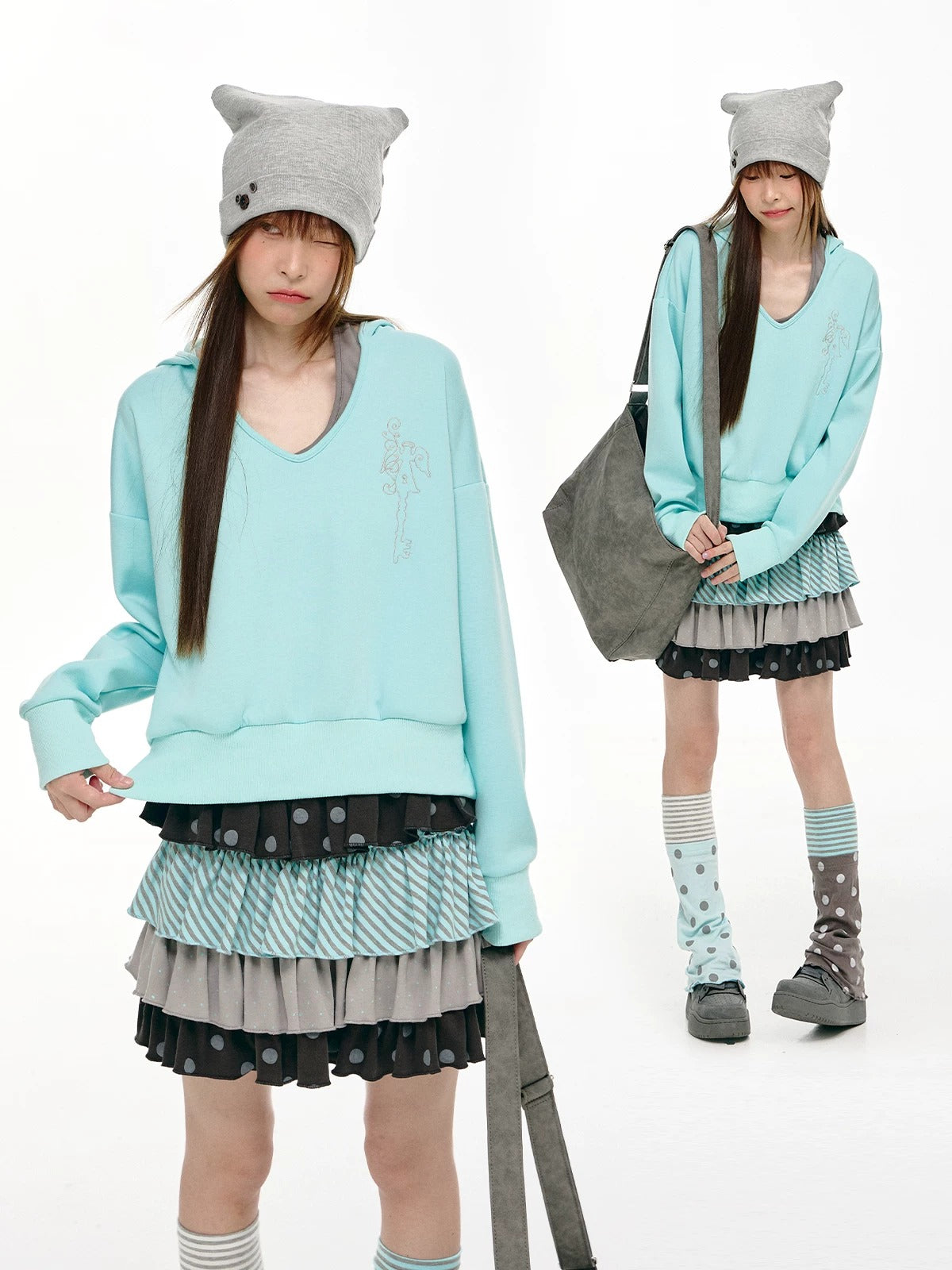 Mint Haze Faux-Layer Halter Hooded Sweatshirt