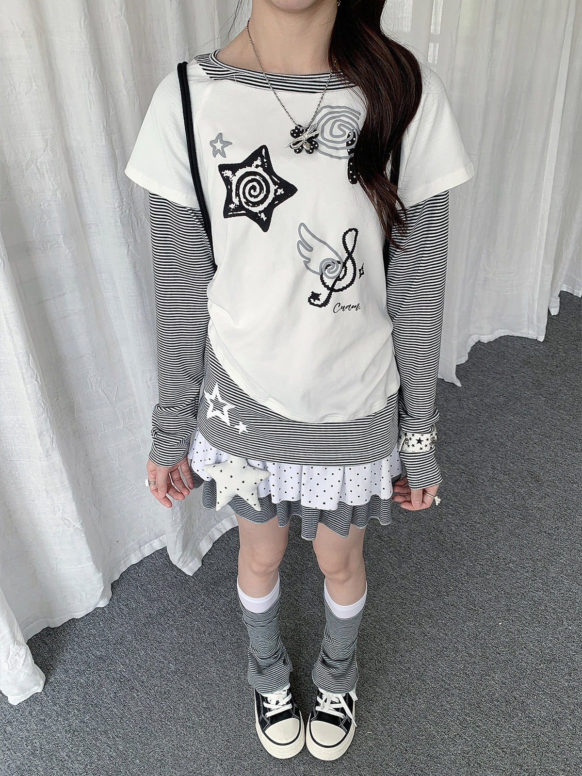 Music Star Faux-Layered Long Sleeve Top