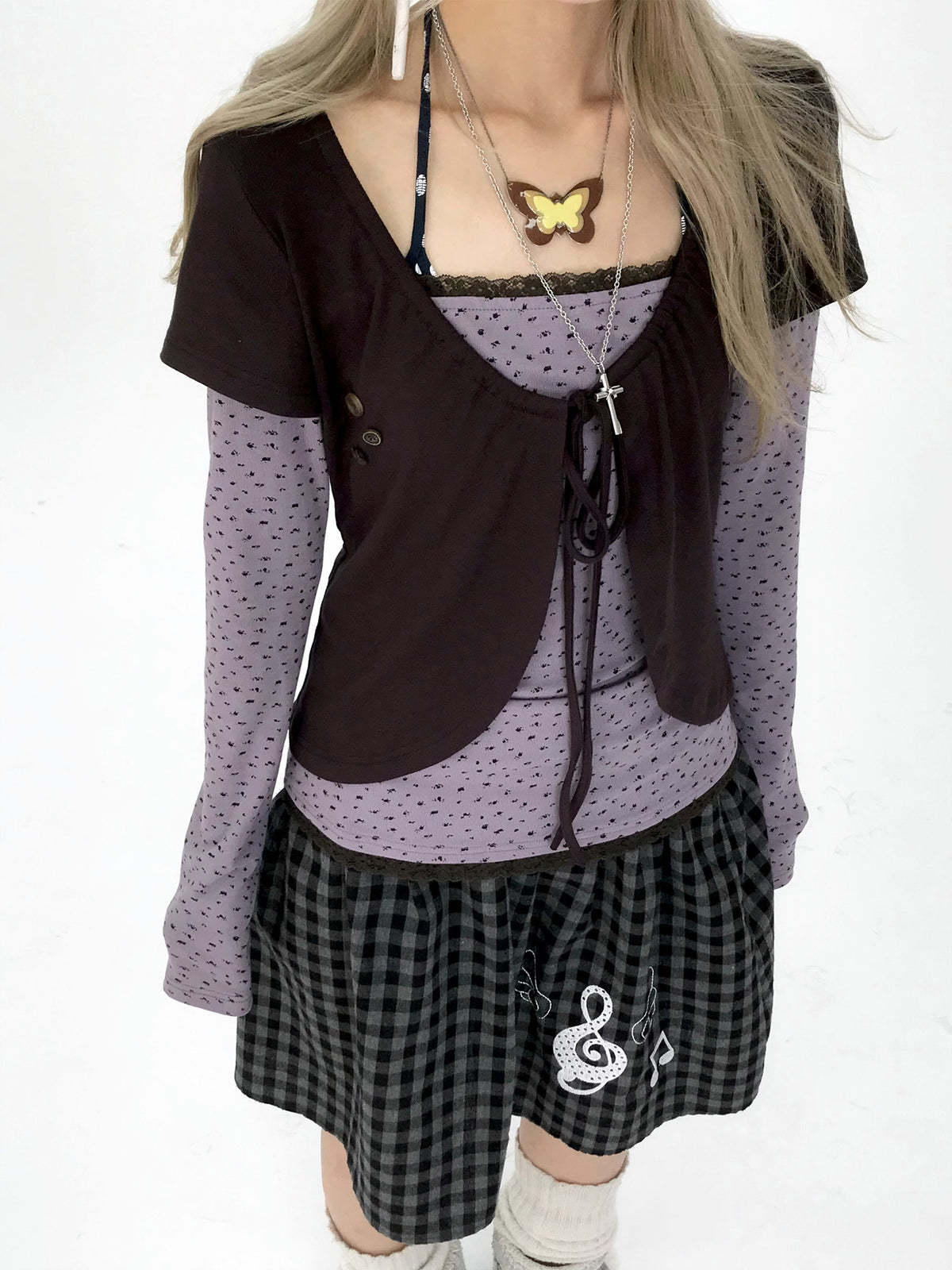 Striped Polka Dot Faux-Layered Button Long Sleeve Top
