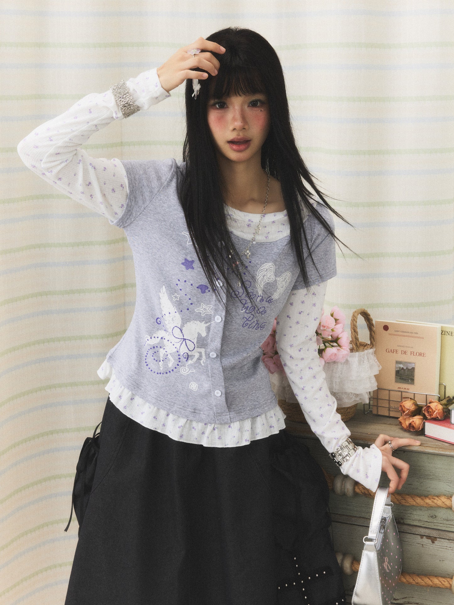 Lavender Wing Floral Faux-Layer Long-Sleeve Tee