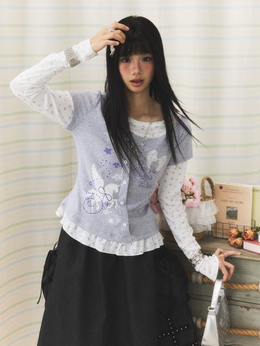 Lavender Wing Floral Faux-Layer Long-Sleeve Tee