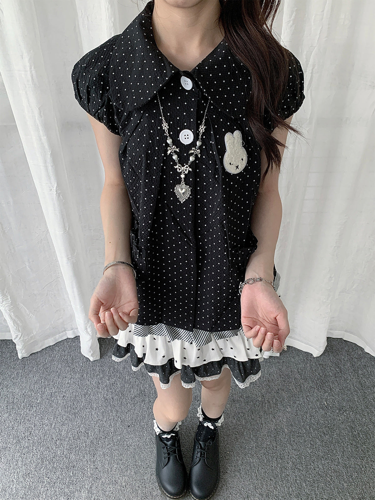 Polka Dot Bunny Patch Puff-Sleeve Shirt
