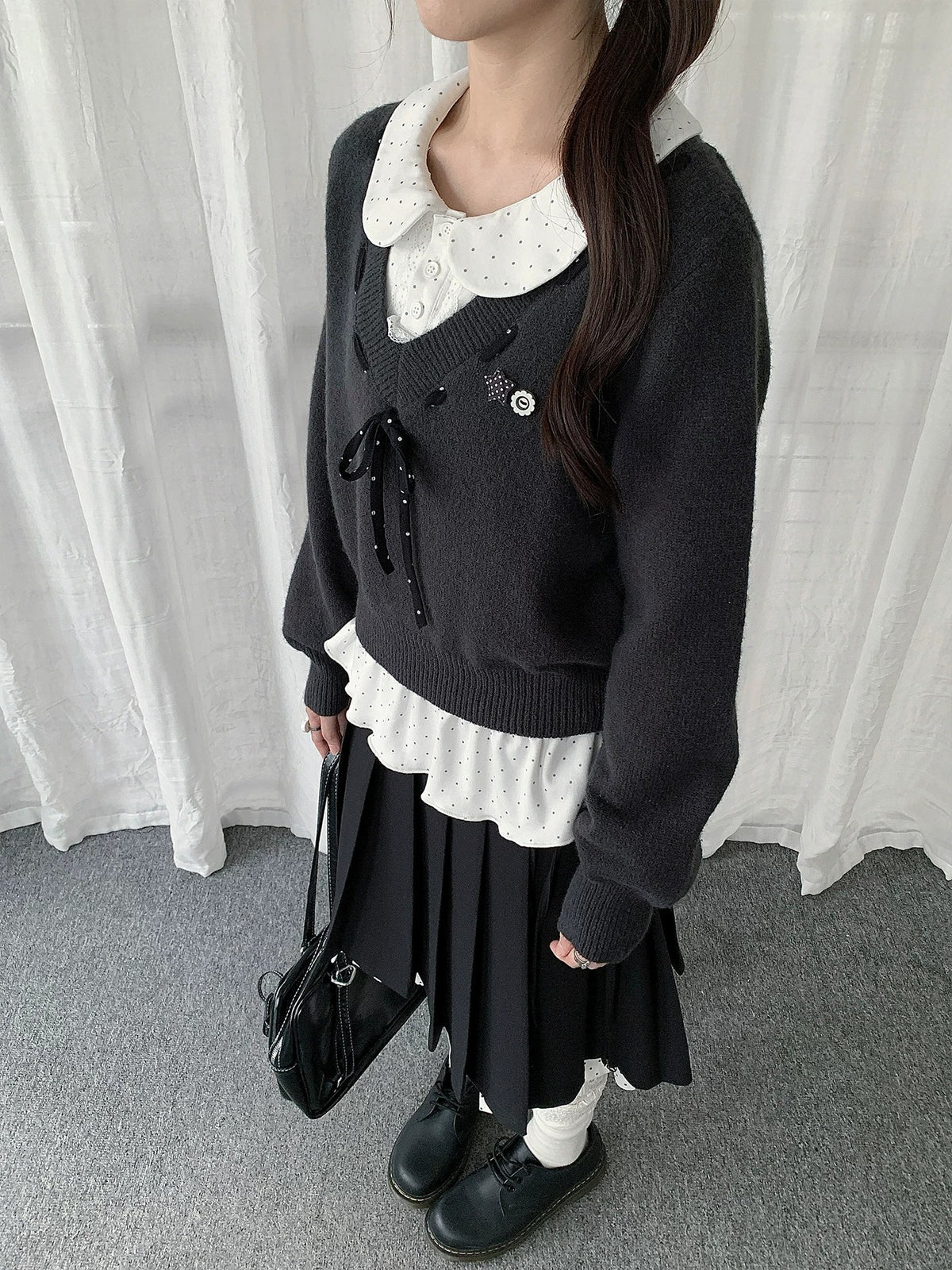 Black Bow Knit Sweater & Polka Dot Peter Pan Collar Two-Piece Set