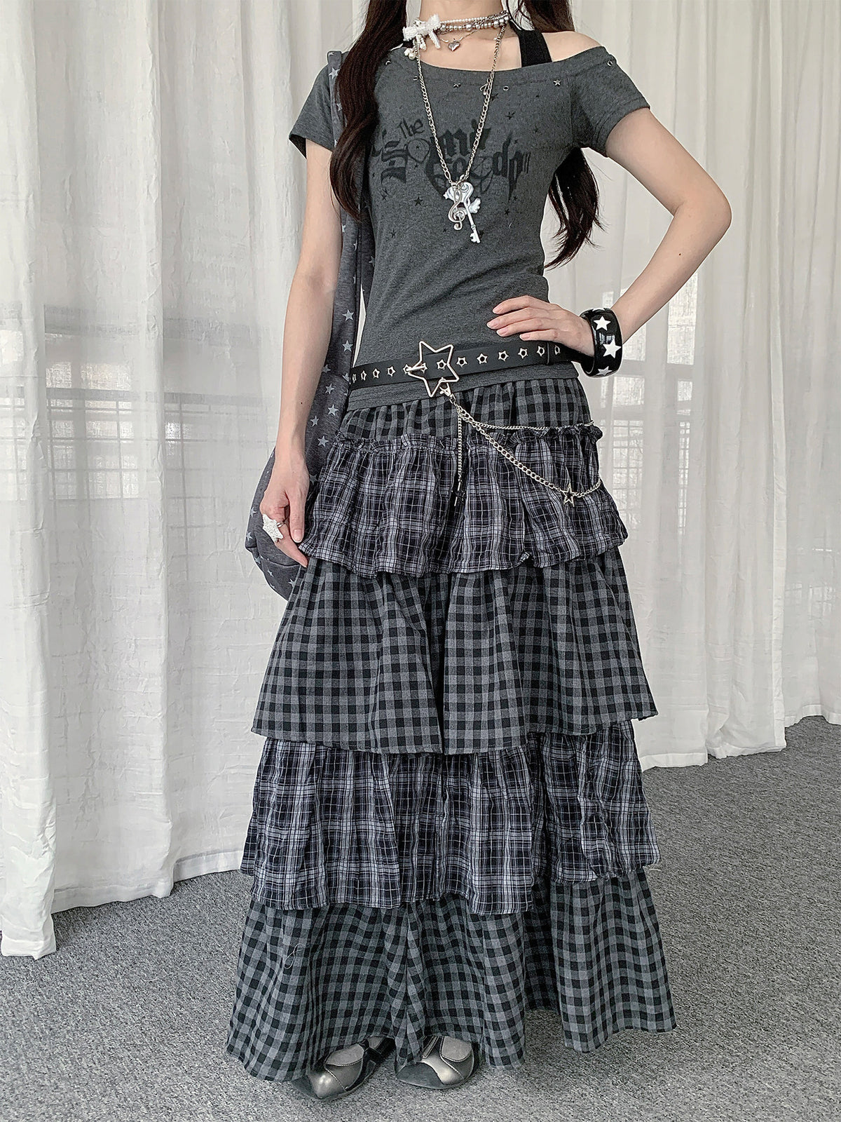 Gray Plaid Tiered Maxi Skirt