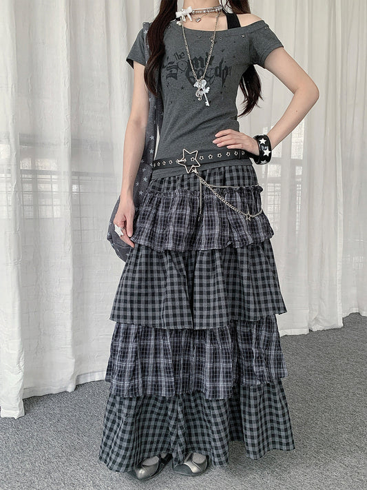 Gray Plaid Tiered Maxi Skirt