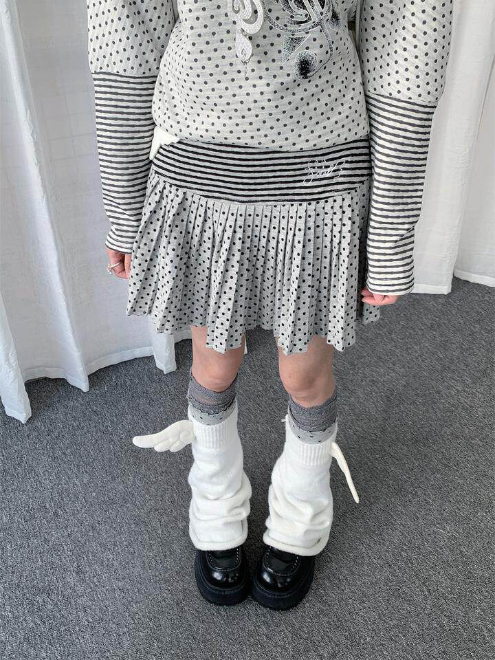 Polka Dot Stripe Pleated Mini Skirt