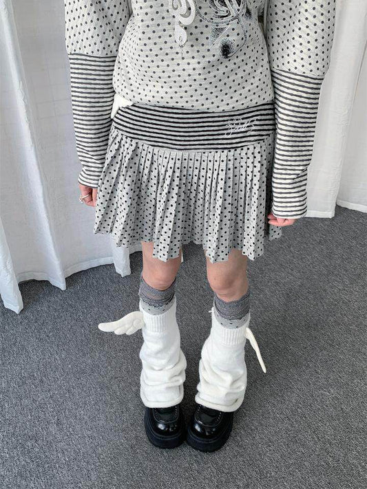 Polka Dot Stripe Pleated Mini Skirt