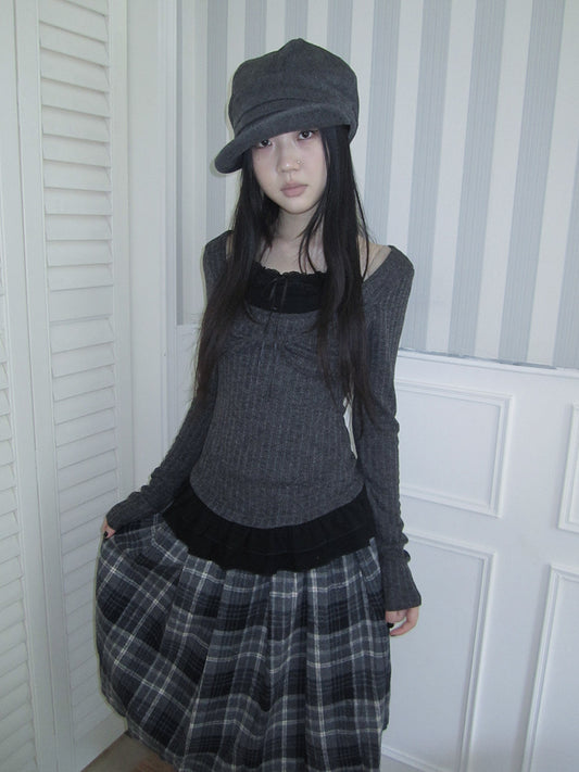 Halter-Layered Ribbed Long Sleeve Top
