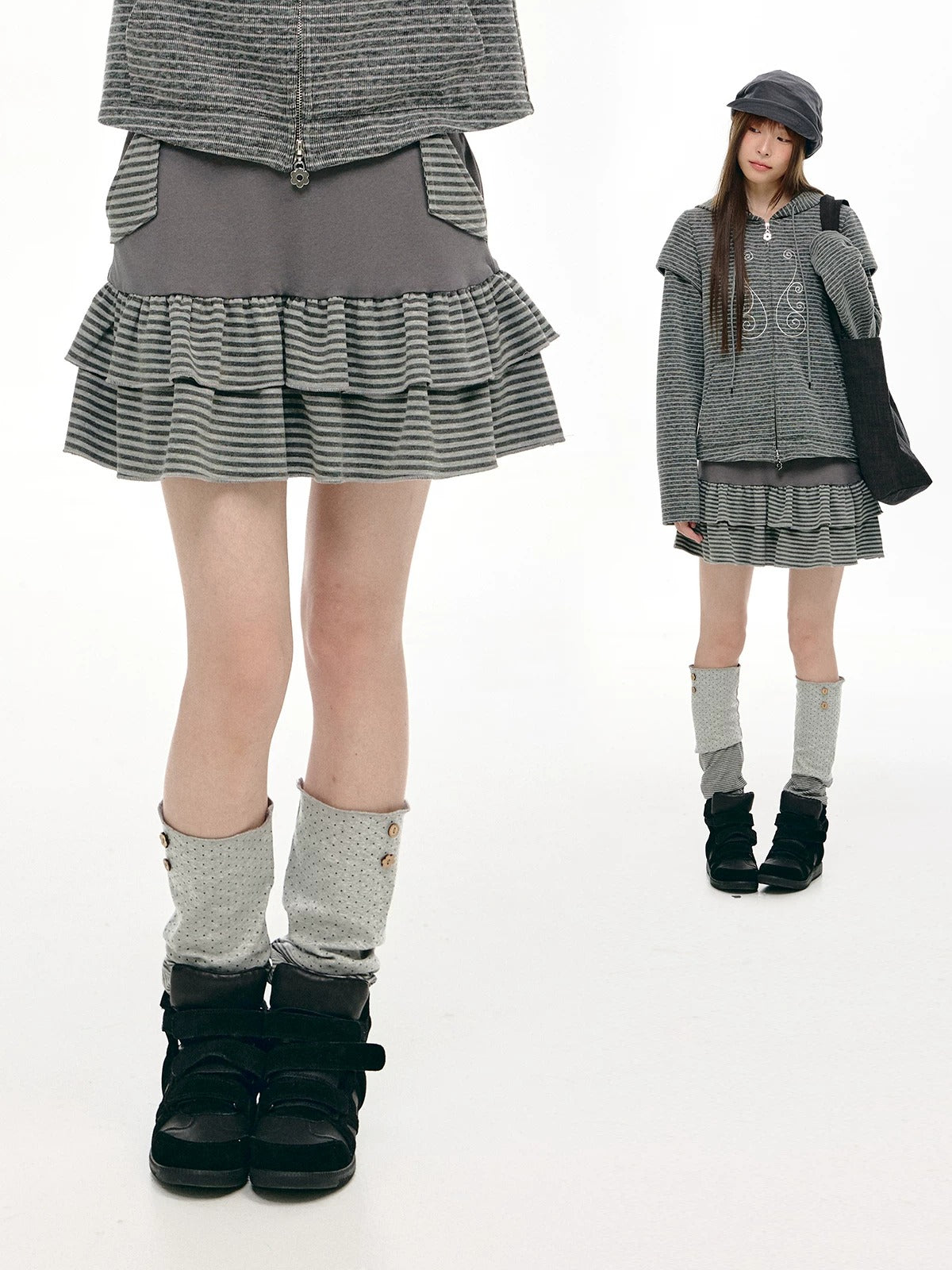 Charcoal Stripe Double-Ruffle A-Line Mini Skirt