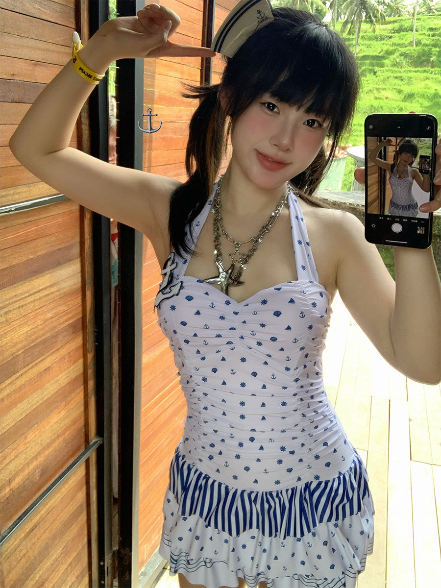 Nautical Diary Ruched Halter One-Piece Swimsuit