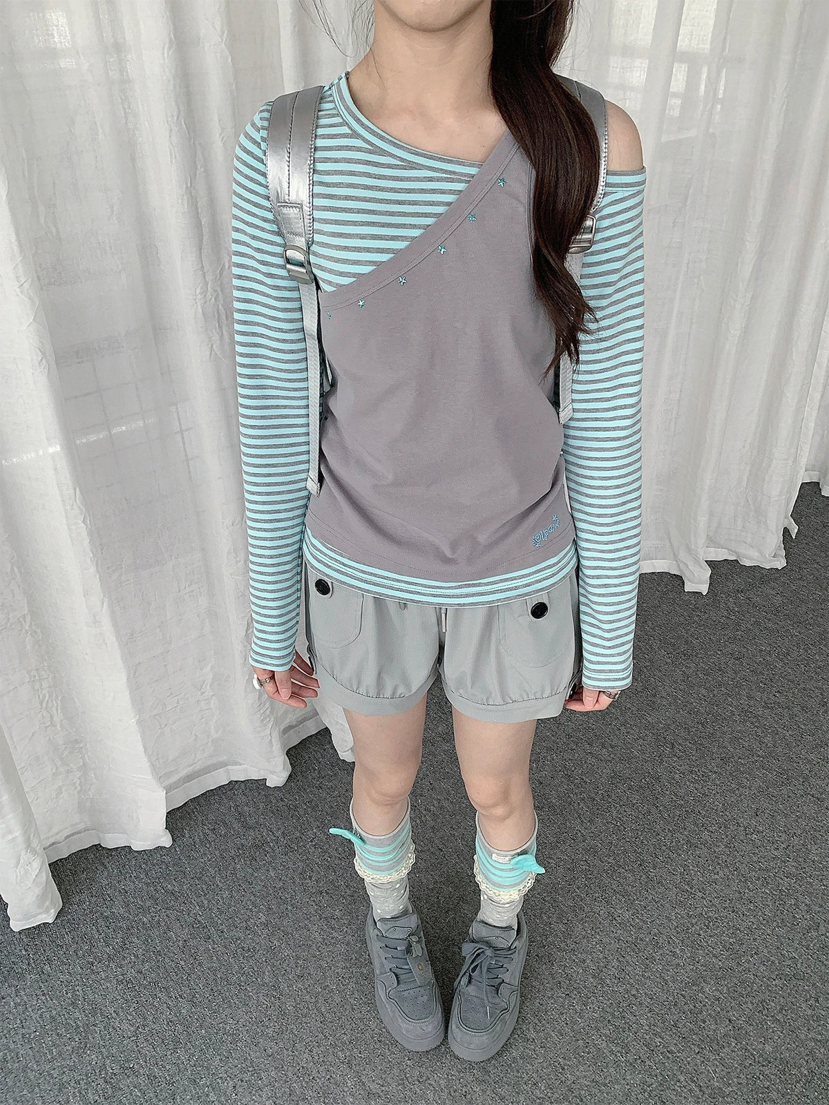 Gray Mint Stripe Asymmetric Faux-Layer Long Sleeve Top