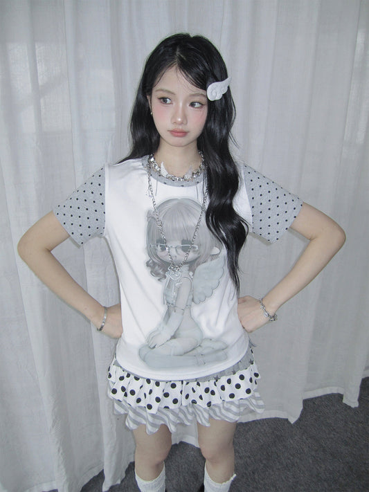 Angel Girl Contrast Sleeve Graphic Tee