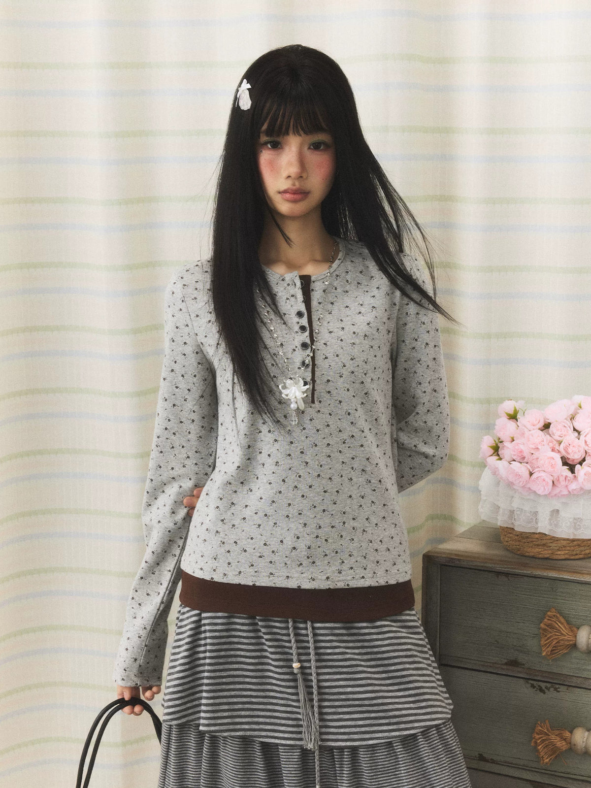 Floral Henley Faux-Layer Long Sleeve Top