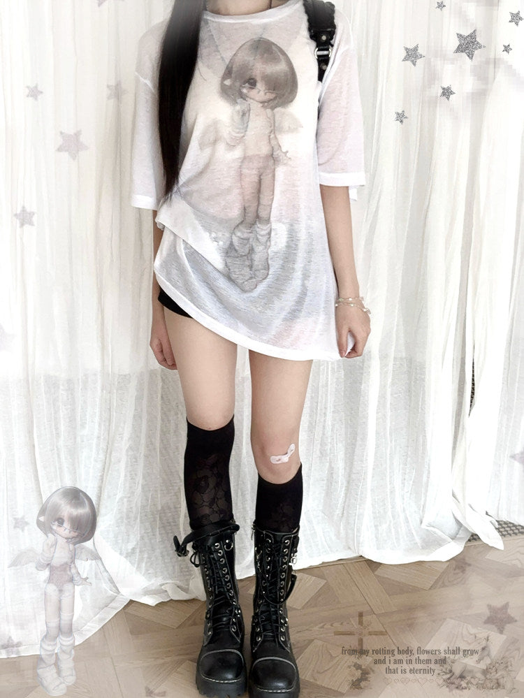 Faded Angel Girl Sheer Oversized Tee