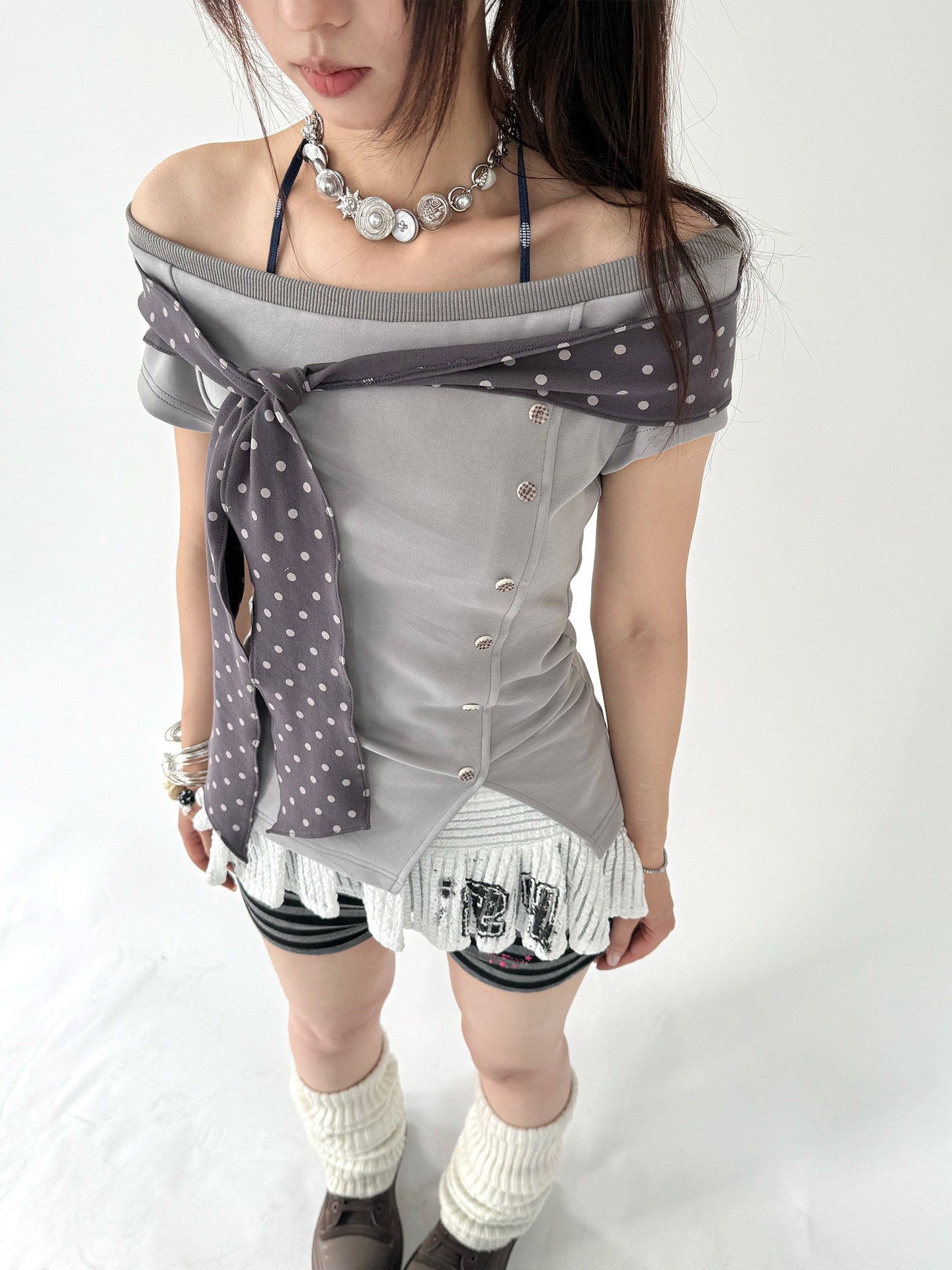 Polka Dot Tie-Wrap Off-Shoulder Fitted Top