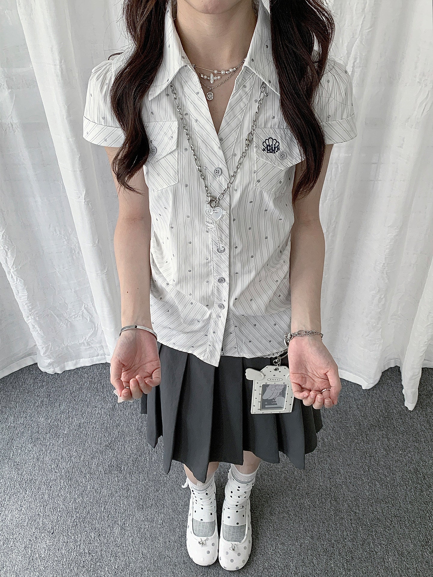 Silver Dot Pinstripe Fitted Short-Sleeve Shirt