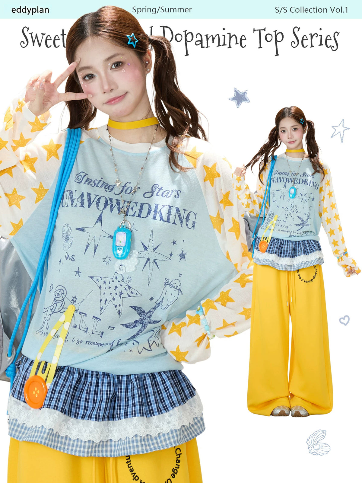 Star Graphic Contrast Raglan Long Sleeve Top & Yellow Wide-Leg Pants