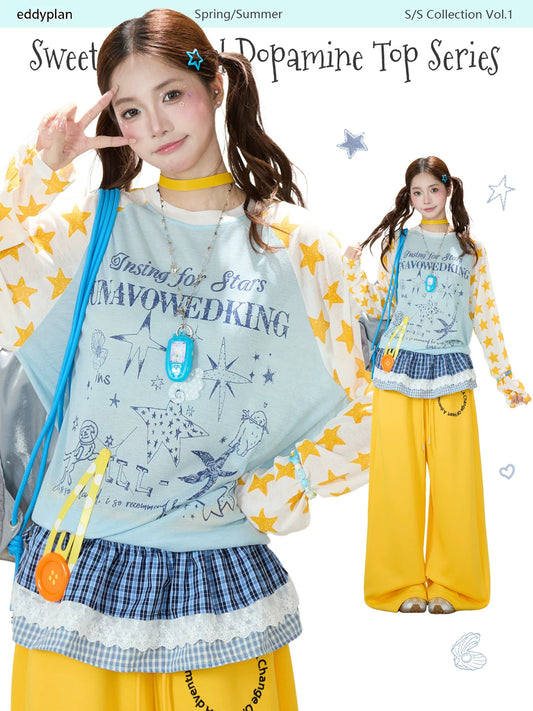 Star Graphic Contrast Raglan Long Sleeve Top & Yellow Wide-Leg Pants
