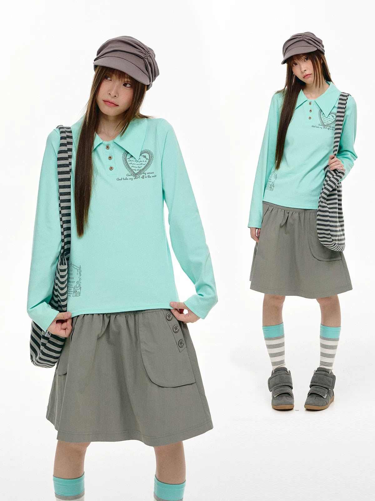 Mint Heart Graphic Long Sleeve Polo Top