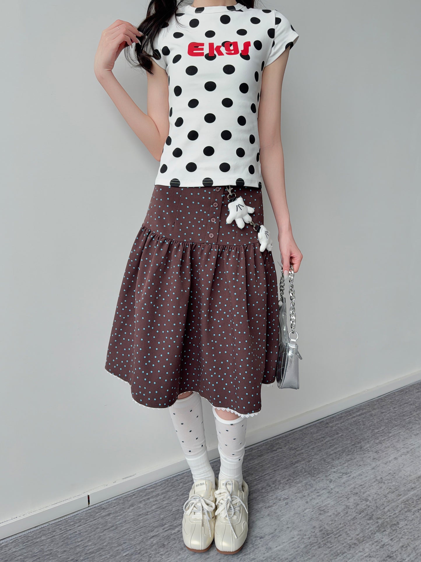 Polka Dot Button Tiered Midi Skirt