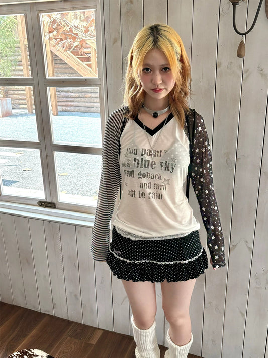 Star Mesh Stripe Contrast Lyocell Long Sleeve Top