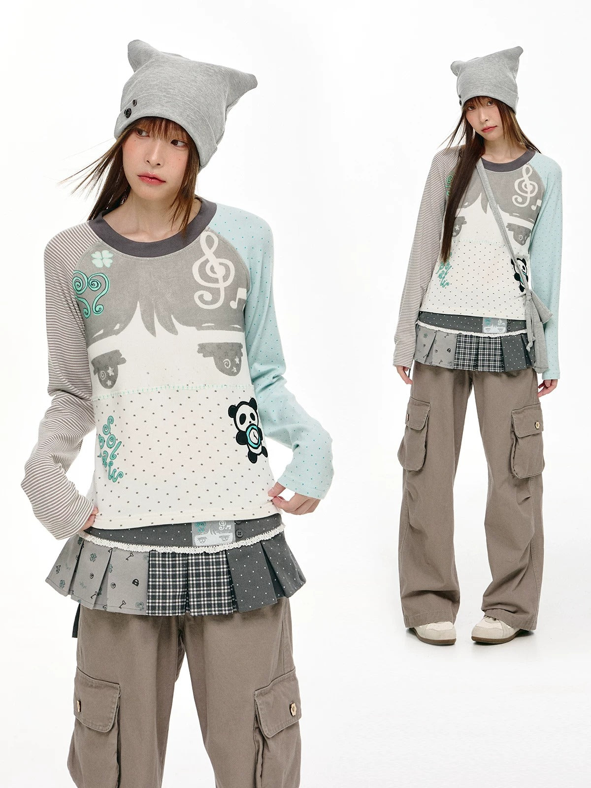 Mint Polka Dot Contrast-Sleeve Graphic Long Sleeve Top