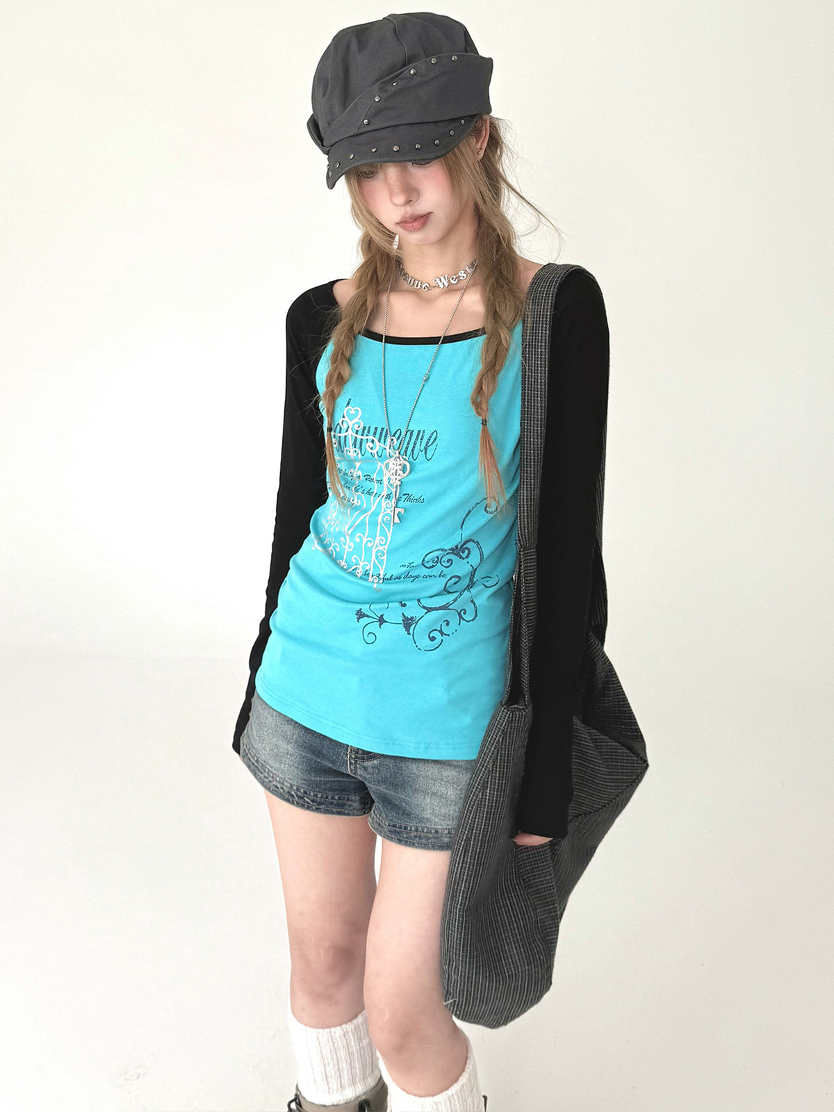 Aqua Contrast Graphic Raglan Long Sleeve Top