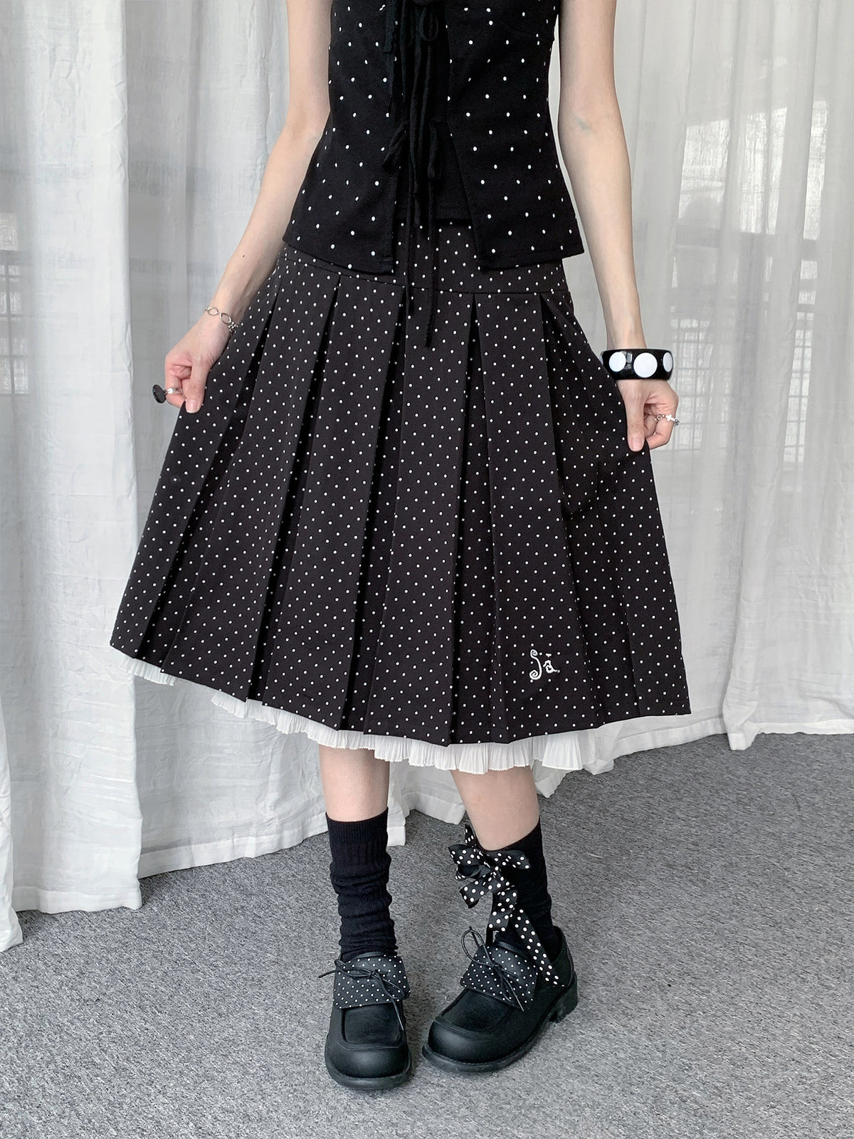 Polka Dot Pleated Ruffle Midi Skirt