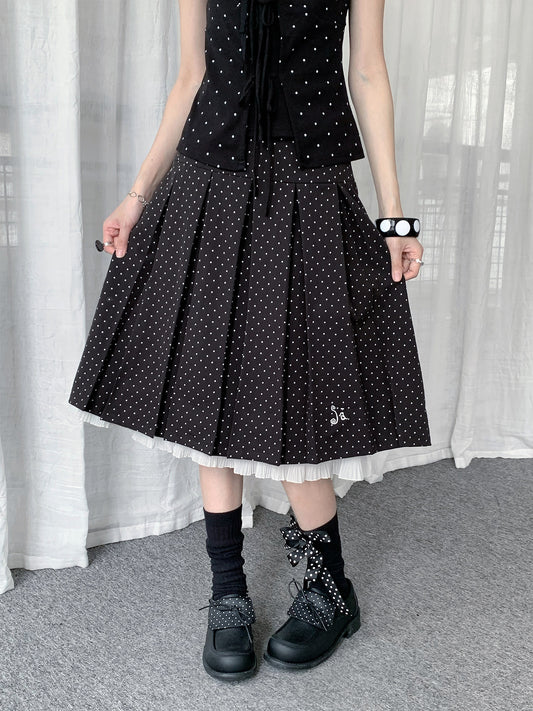 Polka Dot Pleated Ruffle Midi Skirt