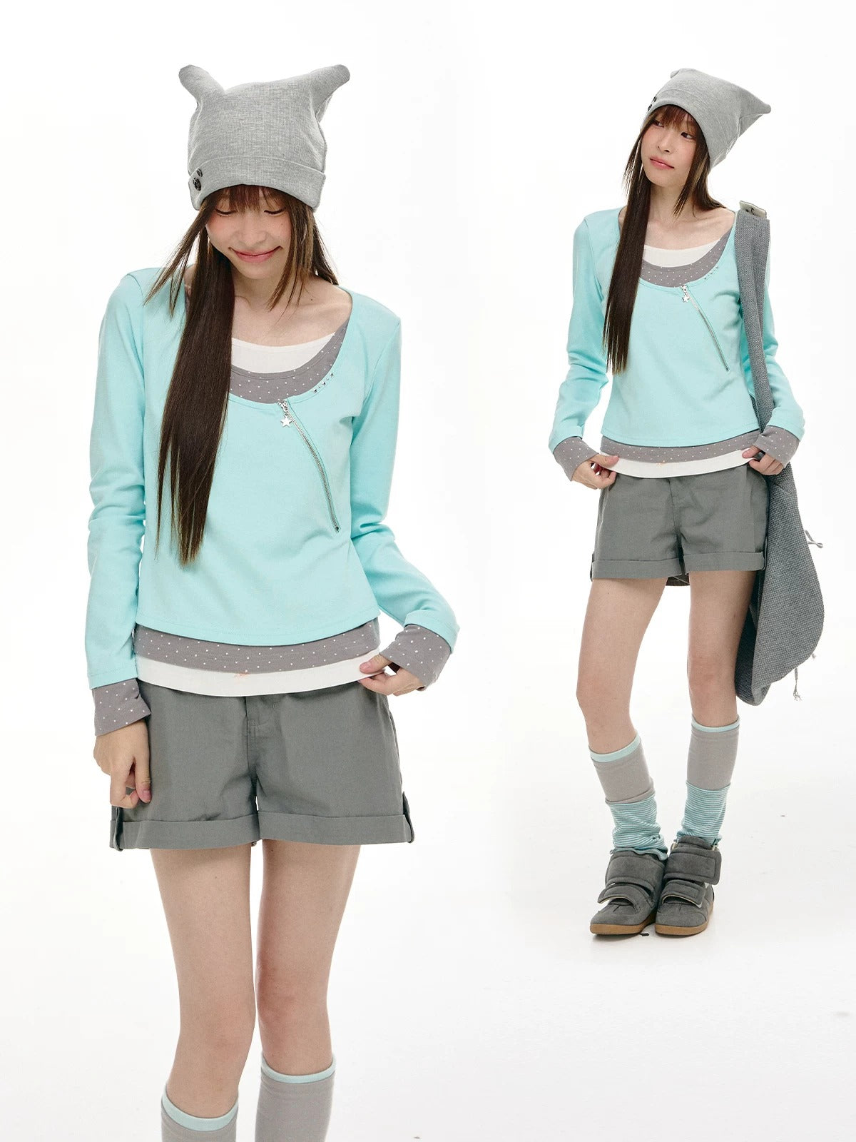 Triple-Layer Polka Dot Asymmetric Zip Long Sleeve Top